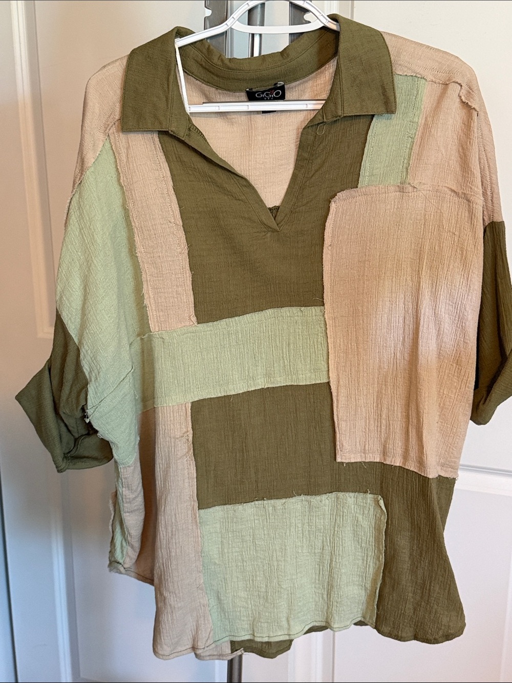 GOGO Olive, Light Green & Beige Patchwork Collared Tunic